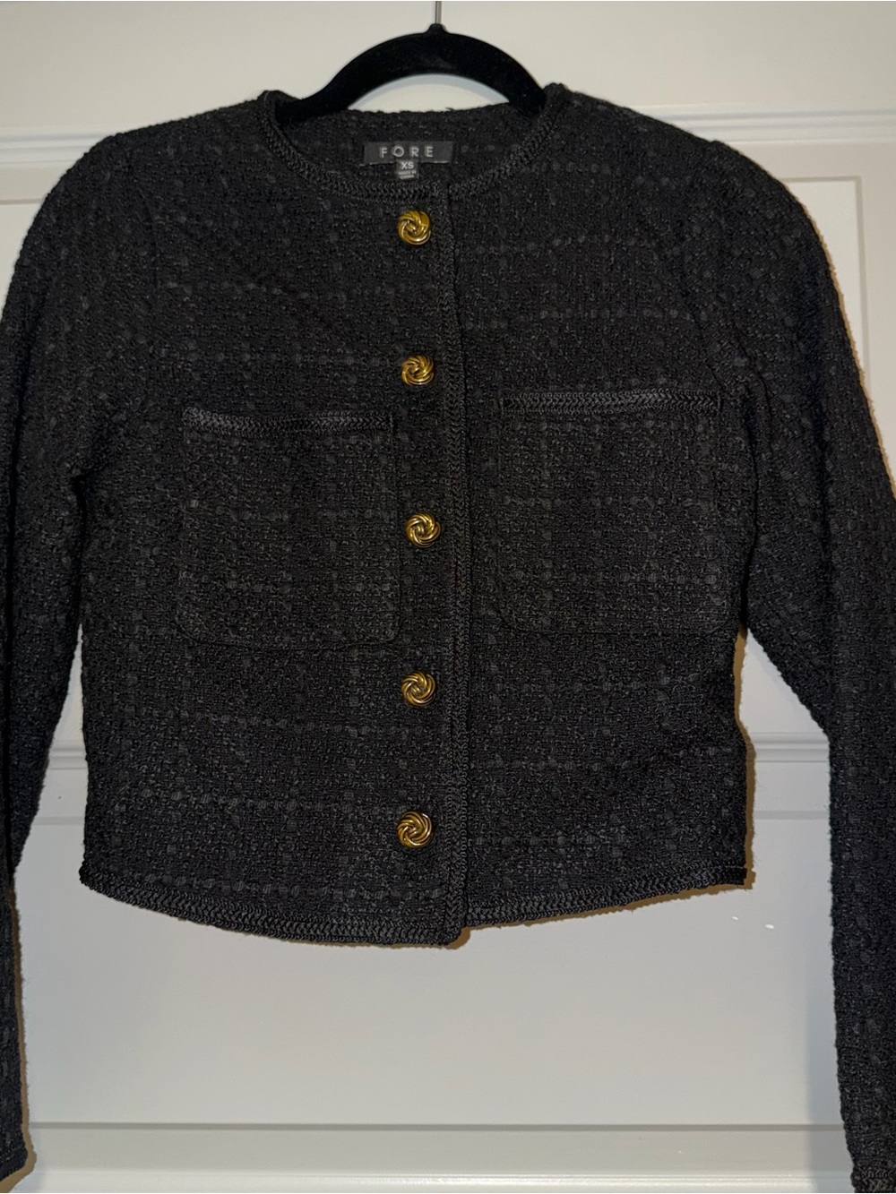 Black Textured Knit Gold-Button Jacket